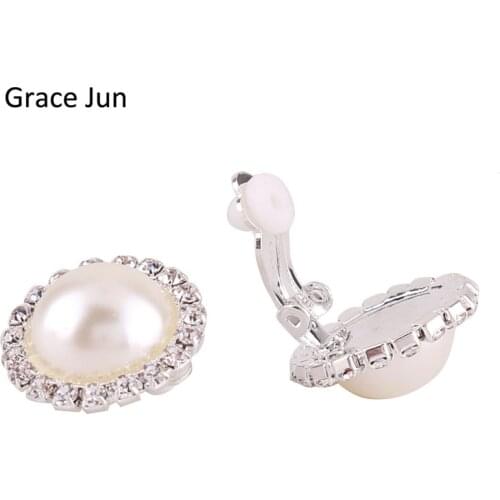 Grace Jun New Design Double Round Shape Rhinestone Clip on Earrings Without Piercing Fashion Simulated Pearl Ear Clip