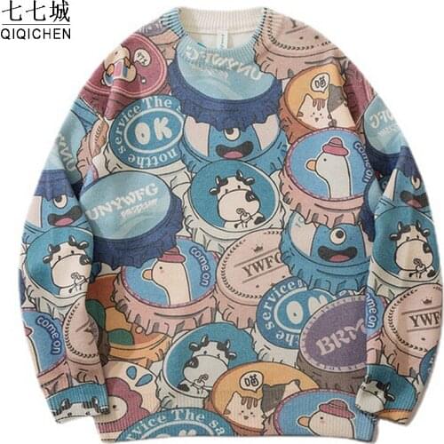 Harajuku Cartoon Jacquard Sweater Men Streetwear College Knitted Pullover Women 2021 Winter Japanese Soft Sweater Couple Student