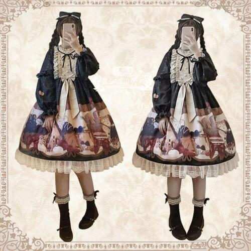 Vintage sweet lolita dress palace lace bowknot lantern sleeve high waist printing victorian dress kawaii girl gothic lolita op