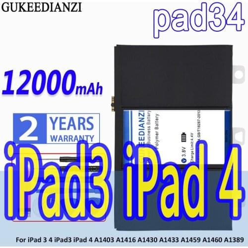 High Capacity GUKEEDIANZI Battery pad34 12000mAh For iPad 3 4 iPad3 iPad4 A1403 A1416 A1430 A1433 A1459 A1460 A1389