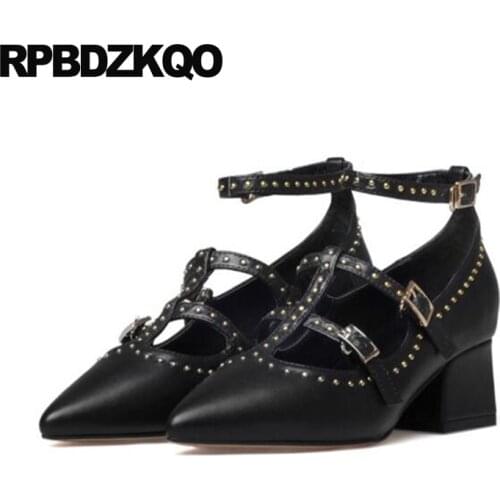Rivet Pumps Ankle Strap 2017 Modern Beige 4 34 Small Size High Heels Pointed Toe Black Work Shoes Women Leather Stud Novelty