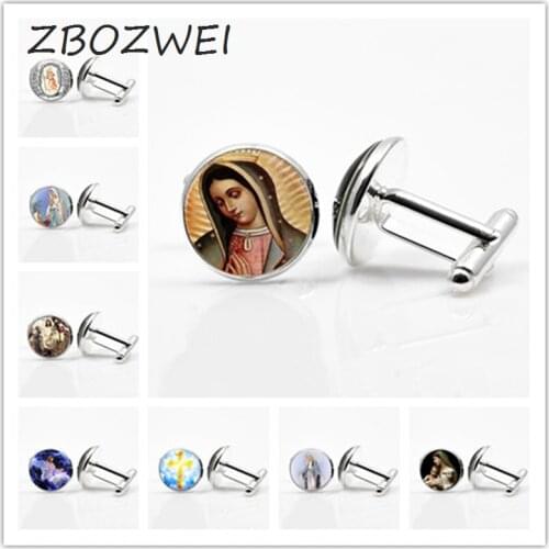 ZBOZWEI Blessed Virgin Mary Mother of Baby Cufflinks Jesus Christ Christian Pendant Catholic Religious Glass Tile Cufflinks gift