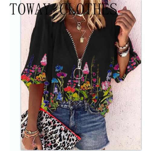 Half Sleeve O-neck Printed Floral Lantern Sleeve Zipper Design Casual Top Summer Shirt Blouse For Women 2021
