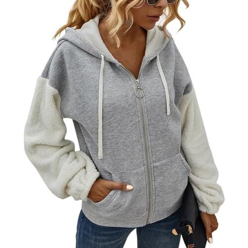 Women Hooded Sweatshirt Outwear Casual Drawstring Plush Slim Long Sleeve Contrast Color Patchwork Women Zipper Jacket Coat Tops