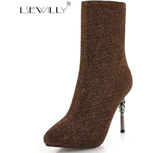 Lsewilly Women Shoes Stretch Fabric Thin High Heels Ankle Boots Winter Shoes Slip on Western Style Woman Shoes Size 32-43 S712