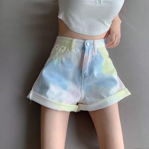 2021 High Waist Tie Dye Denim Shorts Bermuda Woman Y2K Summer Loose Pockets Washed Sexy Contrast Color Jeans Shorts Female P051