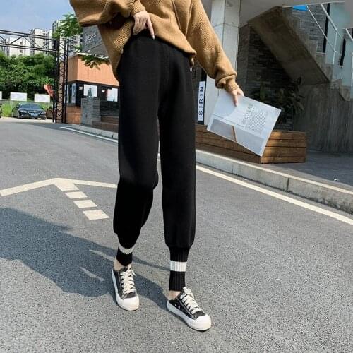 Womens Thick Warm High-Waist Woolen Knit Pants Autumn Winter Loose Sports Casual Pants Student New Black Beige Grey Sport Pants