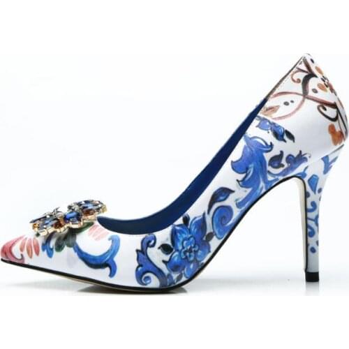 Carpaton Sexy mixed color high heels shiny diamond decoration pointed shallow fine heel shoes fashion party shoes female