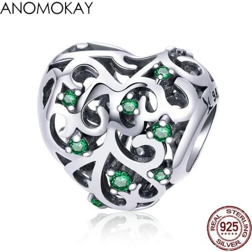 Anomokay Fashion 925 Sterling Silver Tree of Life Leaves Heart Beads fit Women Charm Bracelet & Necklace Green CZ S925 Jewelry