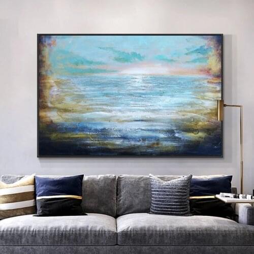 100% Hand Painted Oil Painting Abstract Blue Sea Painting On Canvas Acrylic Landscape Seascape Painting Wall Art For Home Decor