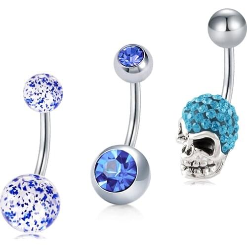 3Pcs Belly Button Rings Stainless Steel 14G with Skull Top Navel Rings Barbells Studs Women Girls Body Piercing Jewelry