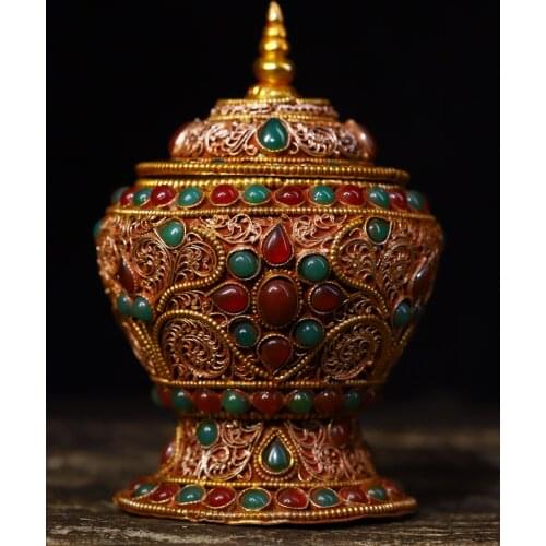 5"Tibet temple Old Tibetan silver Gilt Filigree mosaic Gem Dzi Bead Treasure jar Eight Treasure Box Jewelry Box Town House