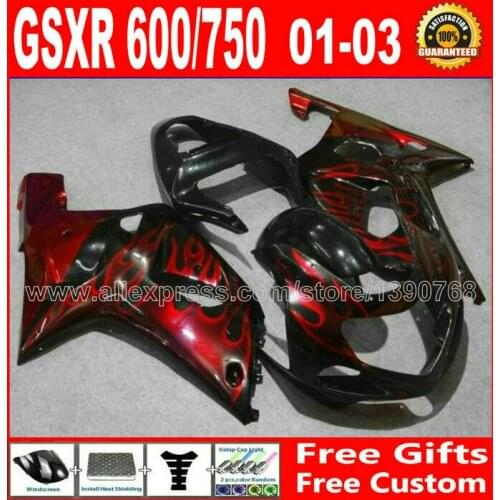 7 gift fairing kit for black red flames 2001- 2003 SUZUKI GSXR 600 750 K1 #856 GSX R600 R750 01 02 03 LG03