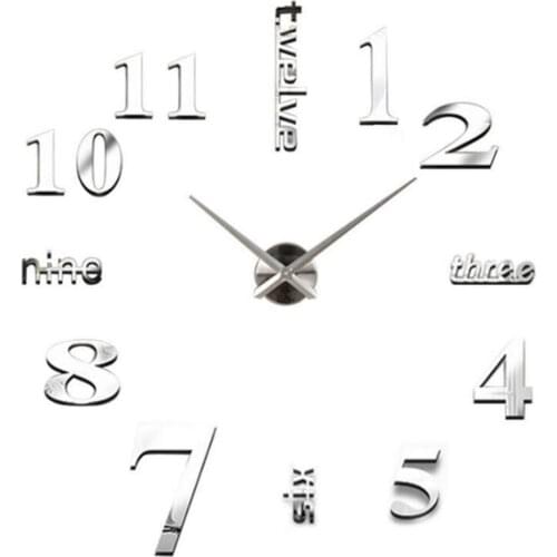 Home decoration acrylic mirror large wall clock Fashion digital clock mirror wall sticker silver