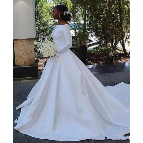 Full Sleeve Satin Wedding Dresses Plus Size African Church Wedding Gown Long Train Bridal Dress robe de mariee