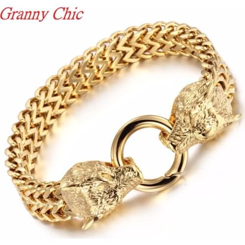 Granny Chic Fashion Mens Jewelry High Polished Stainless Steel Wolf Heads Bracelet Boy Figaro Box Chain Bracelet Stainless steel
