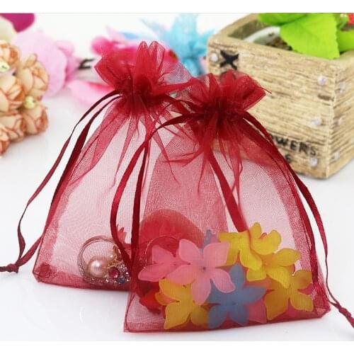 Free Shipping 100pcs 5x7cm small organza gift bags dark red color drawstring Pouches Wedding Christmas Gift Drawstring Bags