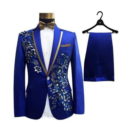 Free shipping mens royal blue sequin flower beading embroidery tuxedo jacket/stage performancen, jacket with pants