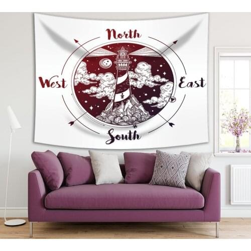 Tapestry Lighthouse Clouds Compass Pattern Nautical Searchlight Tower Boho Style Artwork Printed Burgundy White