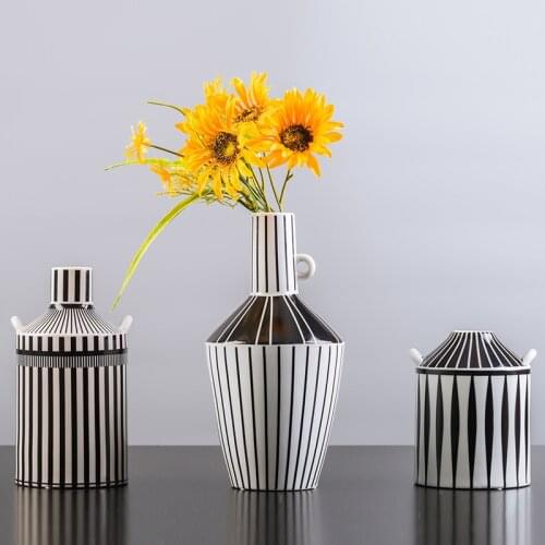 Nordic Ceramic Vase Geometric Ornament Black White Stripe Living Room Flower Arrangement Vase Modern Home Decoration Accessories