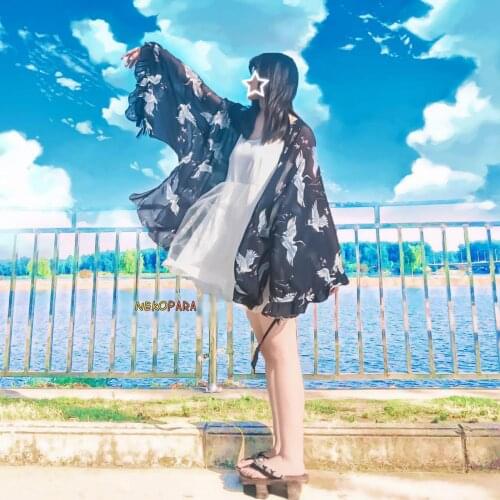 Super Cute Japanese Yukata Style Trench Crane Printing Outwear Coat+Fresh White Milk Silk Sleeveless Dress One Piece 2Pcs Set