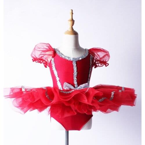 Support Dance Girls Red Puff Sleeve Sequined Professional Ballet Tutu Dress Kids Dance Costume C108