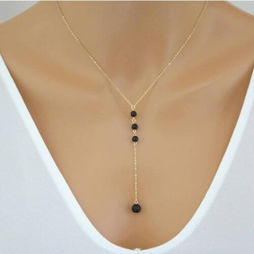 HebeDeer Fashion Volcanic Rock Necklaces Jewelry Long Necklace Chain Black Beads Tassel For Women Gold Trendy Collares Collier