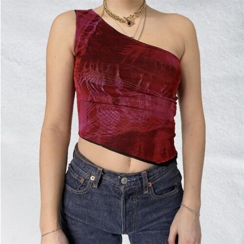 Fashion Women Sexy One-shoulder Vest Fashion Printing/Solid Color Exposed Navel Sleeveless Tops