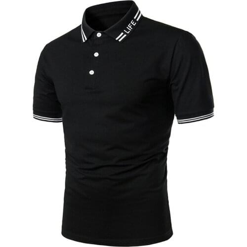 Mens POLO shirt with two bars Luokou breathable lapel letters solid color mens fashion casual mens short-sleeved top summer