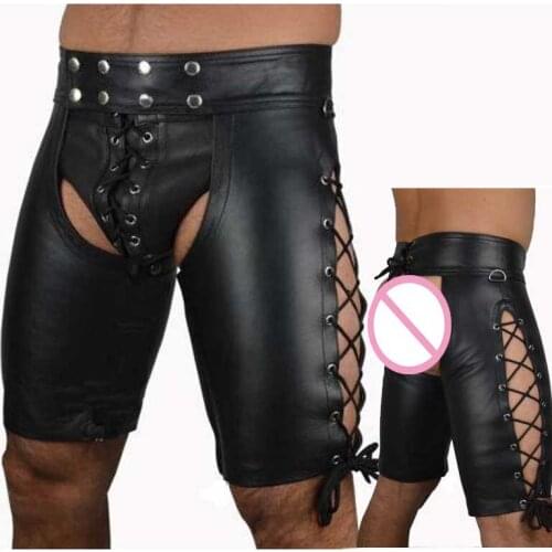 Mens Tight Shorts Plus-Size Tie up Breeches Open Crotch Patent-Leather Man Knee Length Casual Shorts Interest Clubs Lederhosen