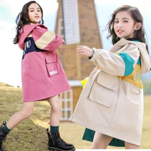 2021 New Teenage Girls Trench Coat Hooded Fashion Autumn Outdoors Double Wear Long Windbreaker Thick Coat Outerwear Jacket