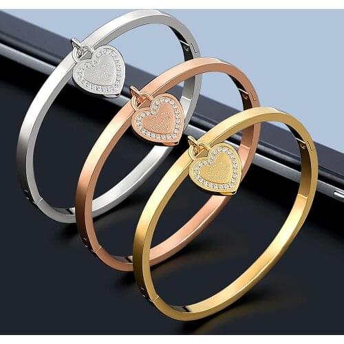Luxury Stainless Steel Gold Color Bracelets & Bangles Cystal Heart Forever Love Bracelets For Women Fashion Jewelry