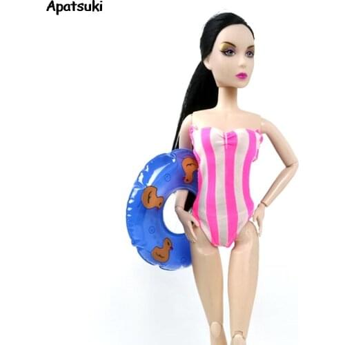 Pink Striped Bikini For Barbie Doll Clothes One-Piece Monokini Lifebuoy Bathing Swimwear For 1/6 BJD Doll Accessories Kid Toy