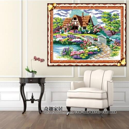 Needlework,DIY DMC Cross stitch,Kits For Embroidery set,tree garden cottage scenic landscape floral flower Pattern Cross-Stitch