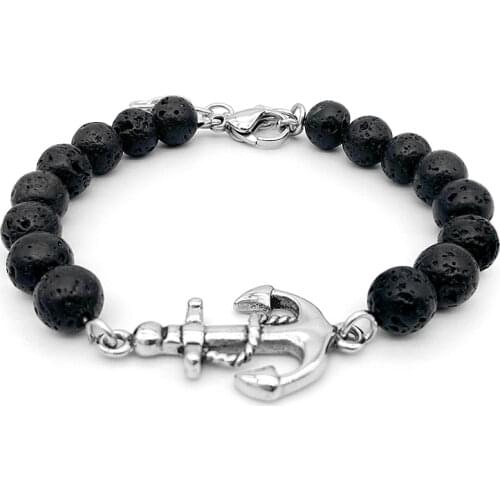 Runda Fashion Men And Women Natural Stone Volcanic Rock Beaded Bracelet Handmade With Stainless Steel Anchor Jewelry