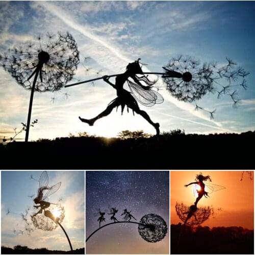 2D Garden Fairy Decoration Stake Fairy Playing on/with the Dandelion Metal Art Elf Silhouette Ornament for Outdoor TN88