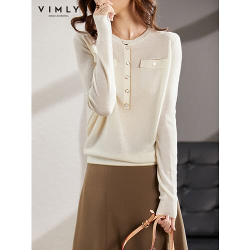 VIMLY Wool Sweater for Women 2021 Autumn New Retro Simple Loose Korean Soft Long Sleeve Elegant Knitted Top Female Clothes F9127