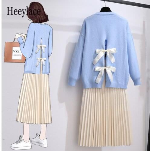 Women Korean Sweet 2 Pieces Set For Women Autumn Winter Long Sleeve Back Bow Pullover Knitted Sweater And Pleated Skirts Suits