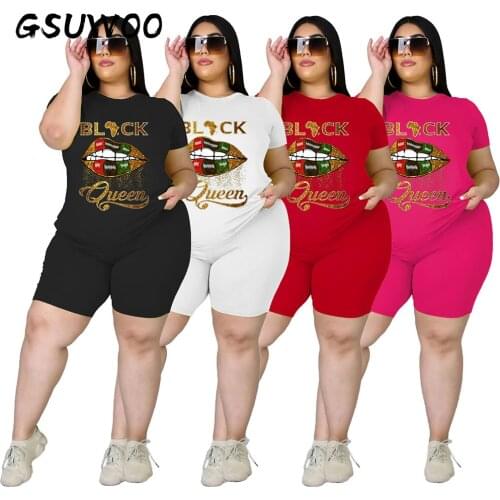 GSUWOO Plus Size Womens Lip Print Casual Sports Suit Summer Large Size Short Sleeve T-shirts Shorts Tracksuit Clothes L-4XL