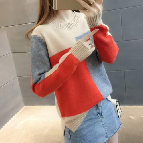 Women Sweater Patchwork Contrast Color Sweater Women Long Sleeve Sweaters Pullover Knitted Jumper Lady Sweaters Female