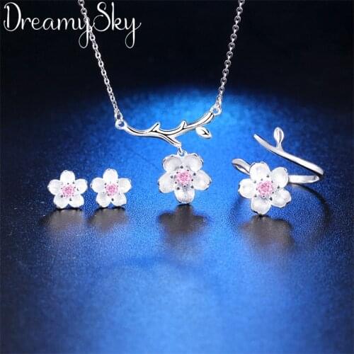 Romantic Wedding Bridal Jewelry Sets Silver Color Flower Necklaces Cubic Zirconia Rings for Women Party Jewelry 2019