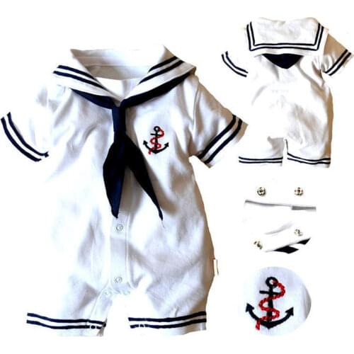 2021 New Brand Summer Baby Boy Clothes Infant Navy Style Anchor Sailor Short-sleeve Romper Jumpsuit Outfits New Clothes 4-18M