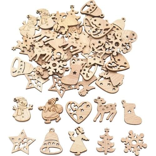 50pcs Christmas Wooden Pendant Santa Claus Snowflake Xmas Tree Hanging Ornament Decoration for Home Navidad 2022 New Year Gift