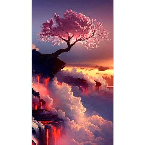5D Square Round Diy Diamond Painting Sunset Tree Embroidery Cross Stitch Rhinestone Mosaic Japanese Cherry Blossom View ZP-2707