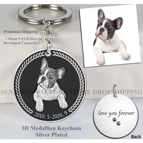 925 Sterling Silver Custom Memory Medallion Pendant Keychain Round 3D Embossed Keyring for Dog Cat Jewelry Gift