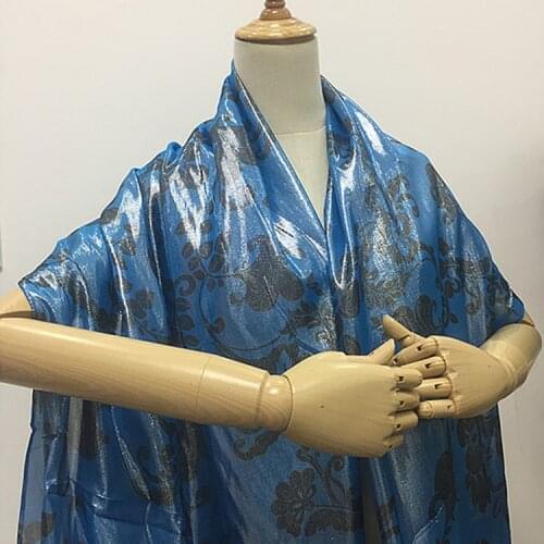 Black floral on blue Fashion silk blended fabric with silver wire fit for women dress,SFF220