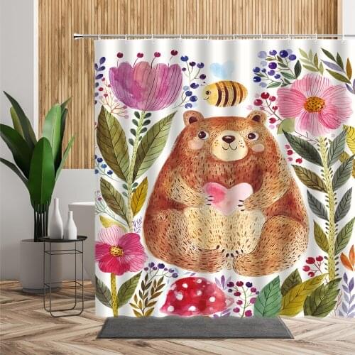 Kids Cartoon Decorative Painting Shower Curtain Cute Bear Flower Bee Mushroom Bathroom Decor Waterproof Fabric Curtain For Child