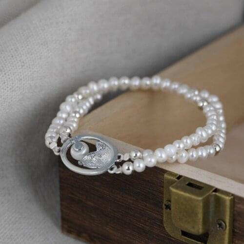 FNJ 925 Silver Bracelet for Women Jewelry 4mm Freshwater Beaded Chain Original S925 Sterling silver Bracelets Lotus Flower