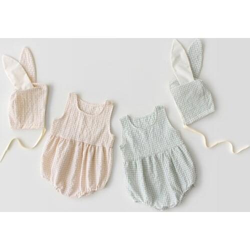 Newborn Baby Girls Bodysuits+Cap 2pcs Sets Plaid Sleeveless Jumpsuits+Caps Summer Girl Boutique Baby Clothes Set for 0-24M