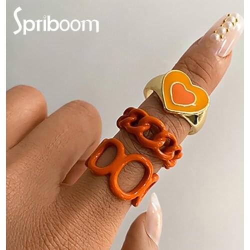 3Pcs Vintage Heart Rings Set for Women Yellow Pink Green Geometric Chain Index Finger Ring Bohemian Jewelry Aesthetic Wife Gifts